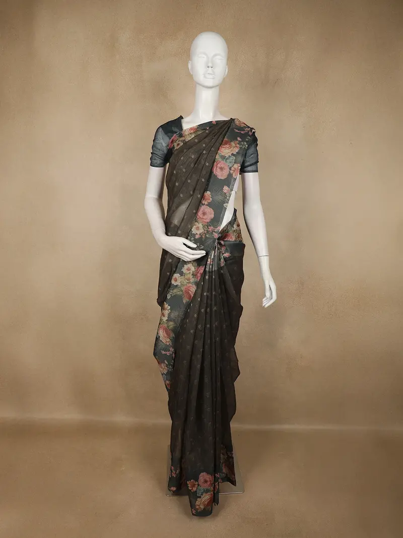 Charcoal Black Butta Woven Design Tissue Silk Fancy Saree With Floral Border 1