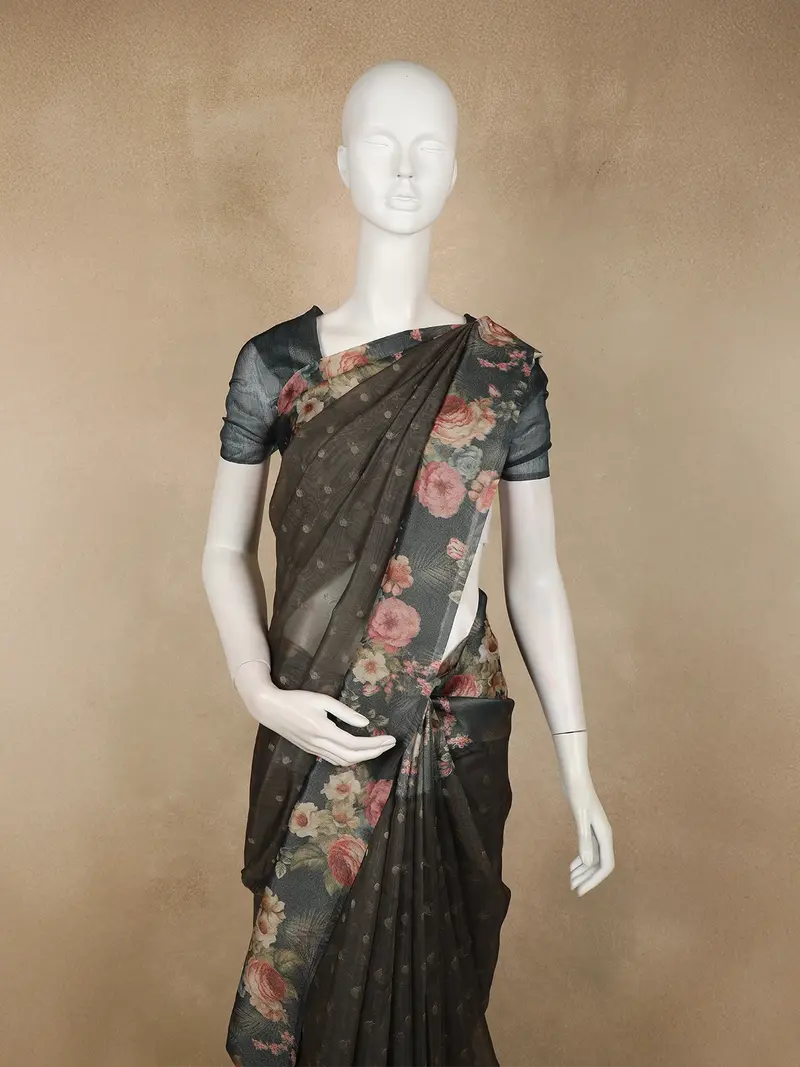 Charcoal Black Butta Woven Design Tissue Silk Fancy Saree With Floral Border 2