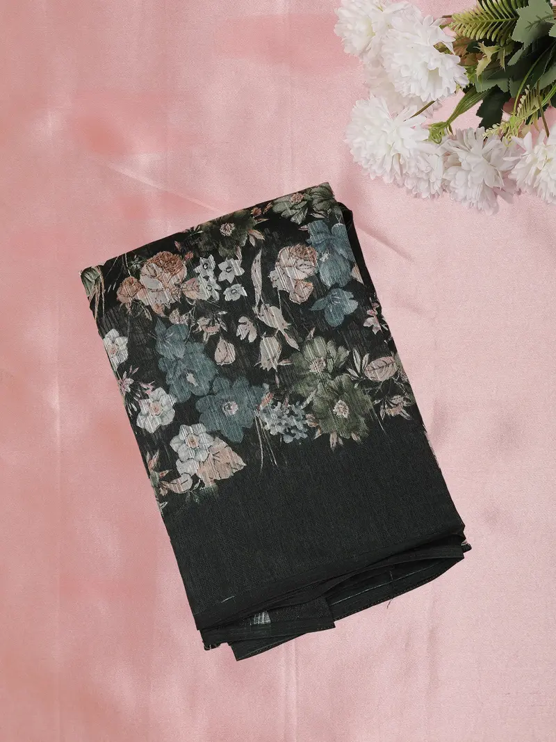 Charcoal Black Floral Printed Design Linen Cotton Saree 1