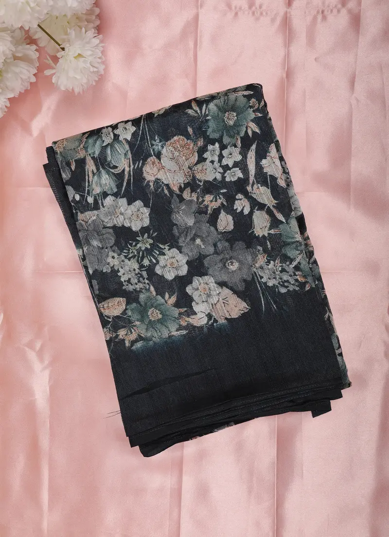 Charcoal Black Floral Printed Design Linen Cotton Saree 1