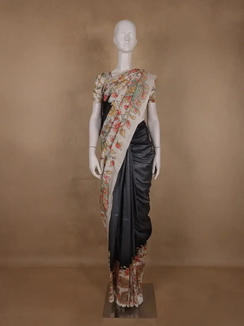 Charcoal Black Floral Printed Tussar Silk Saree 1