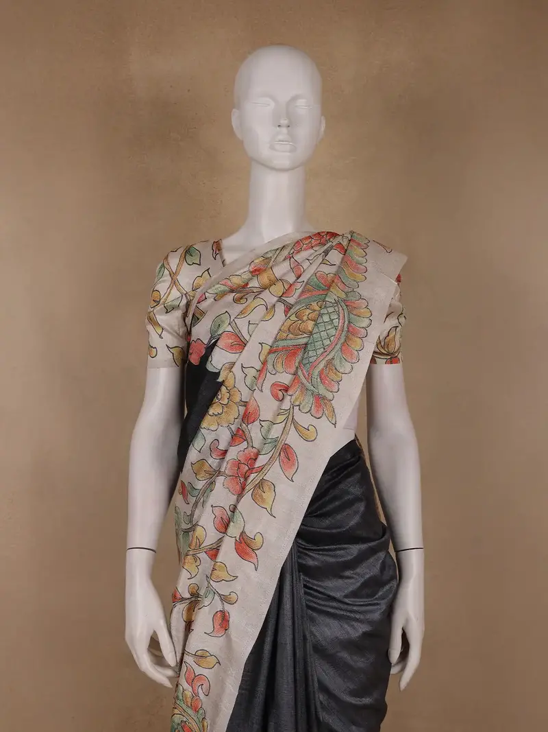 Charcoal Black Floral Printed Tussar Silk Saree 2