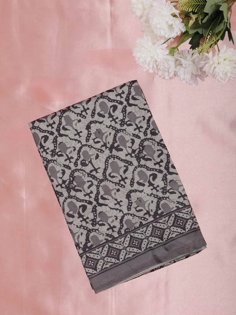 Charcoal Black Kalamkari Printed Design Mixed Silk Cotton Fancy Saree 1