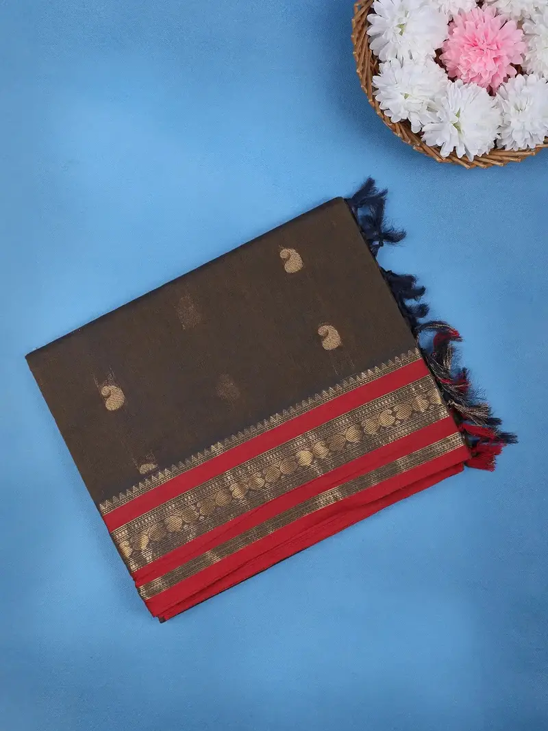 Charcoal Black Paisley Design Cotton Saree 1