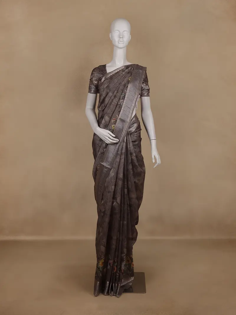 Charcoal Brown Floral Design Tussar Silk Saree 1