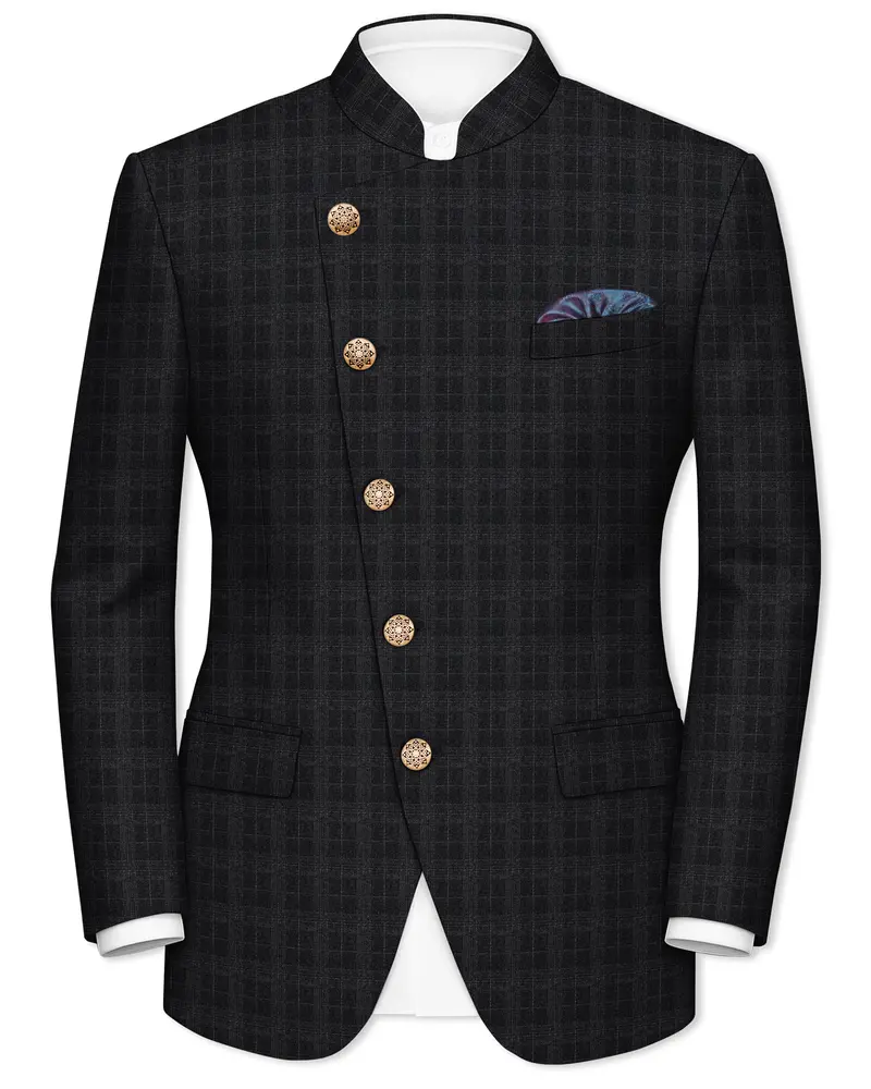 Charcoal Gray Plaid Cross Placket Bandhgala Blazer 1