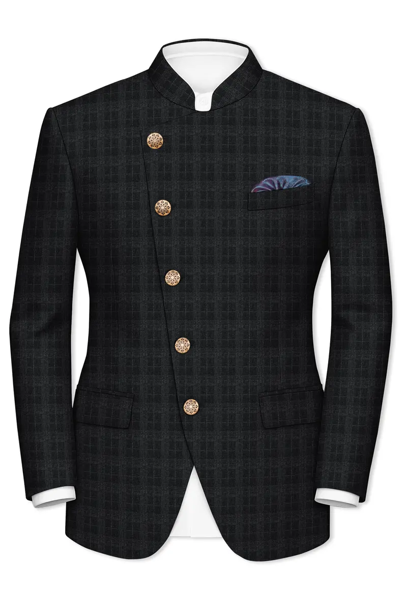 Charcoal Gray Plaid Cross Placket Bandhgala Blazer 2