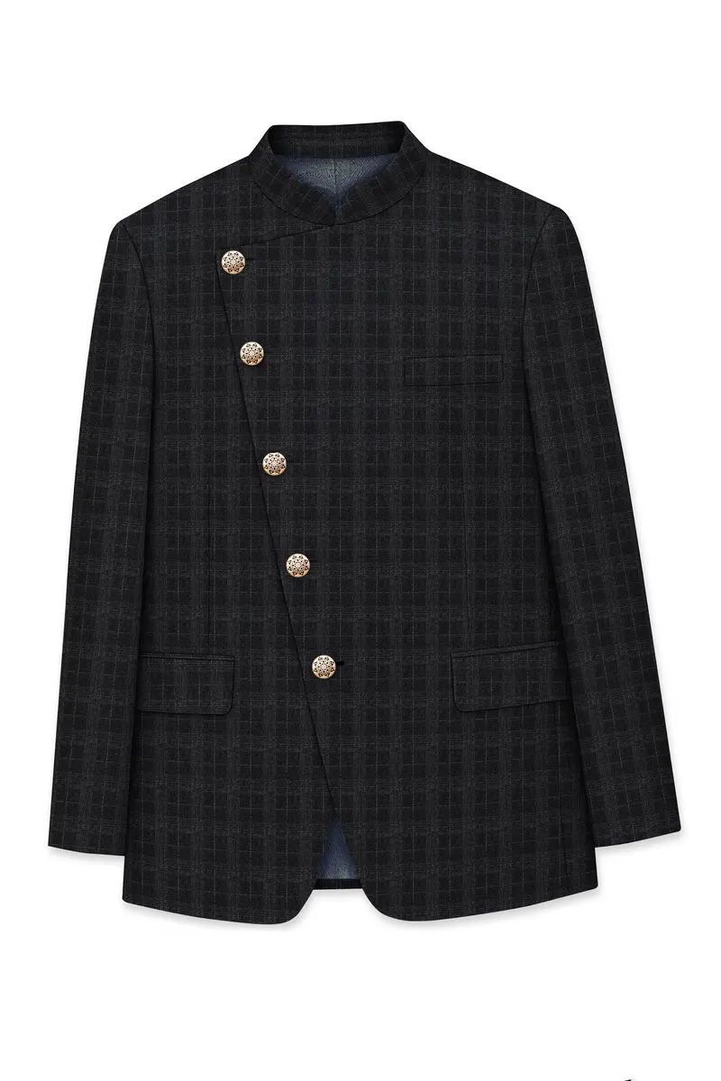 Charcoal Gray Plaid Cross Placket Bandhgala Blazer 6