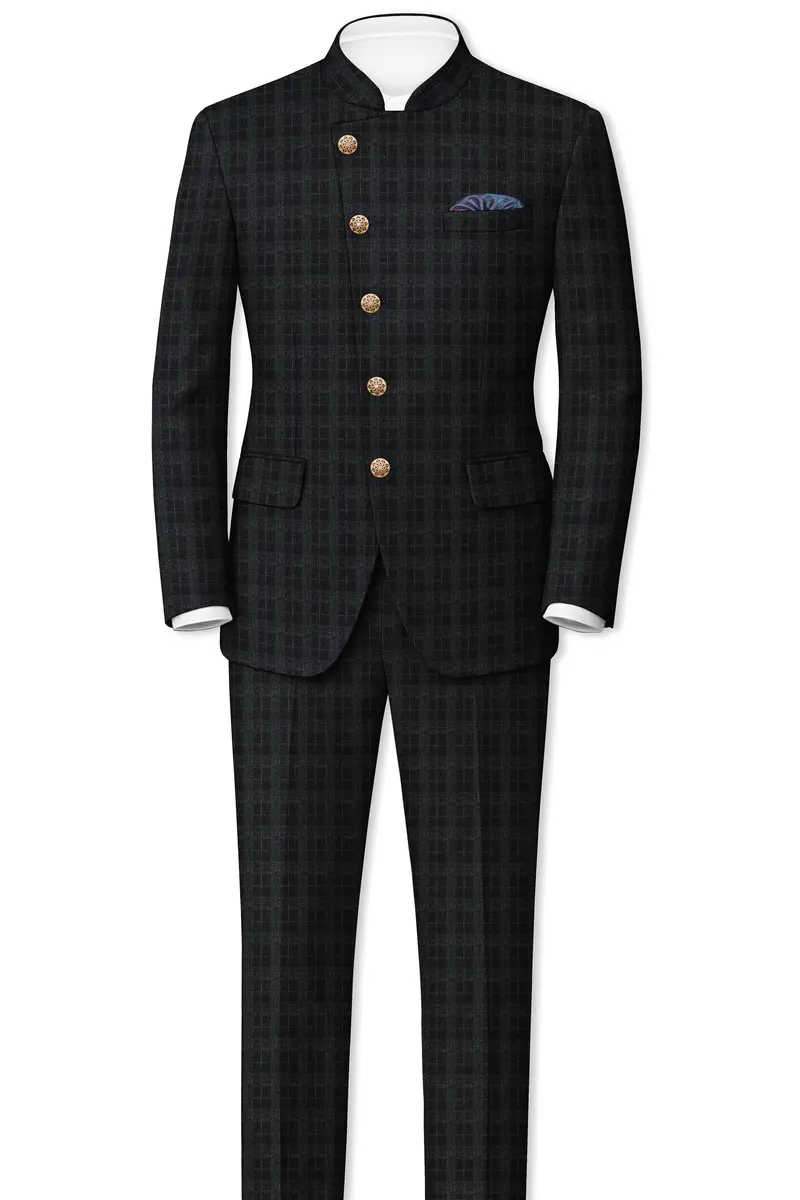 Charcoal Gray Plaid Cross Placket Bandhgala Blazer 8