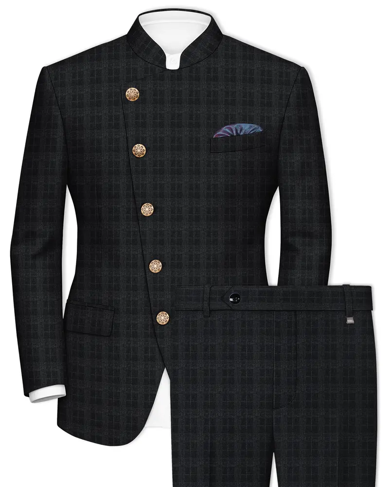 Charcoal Gray Plaid Cross Placket Bandhgala Suit 1