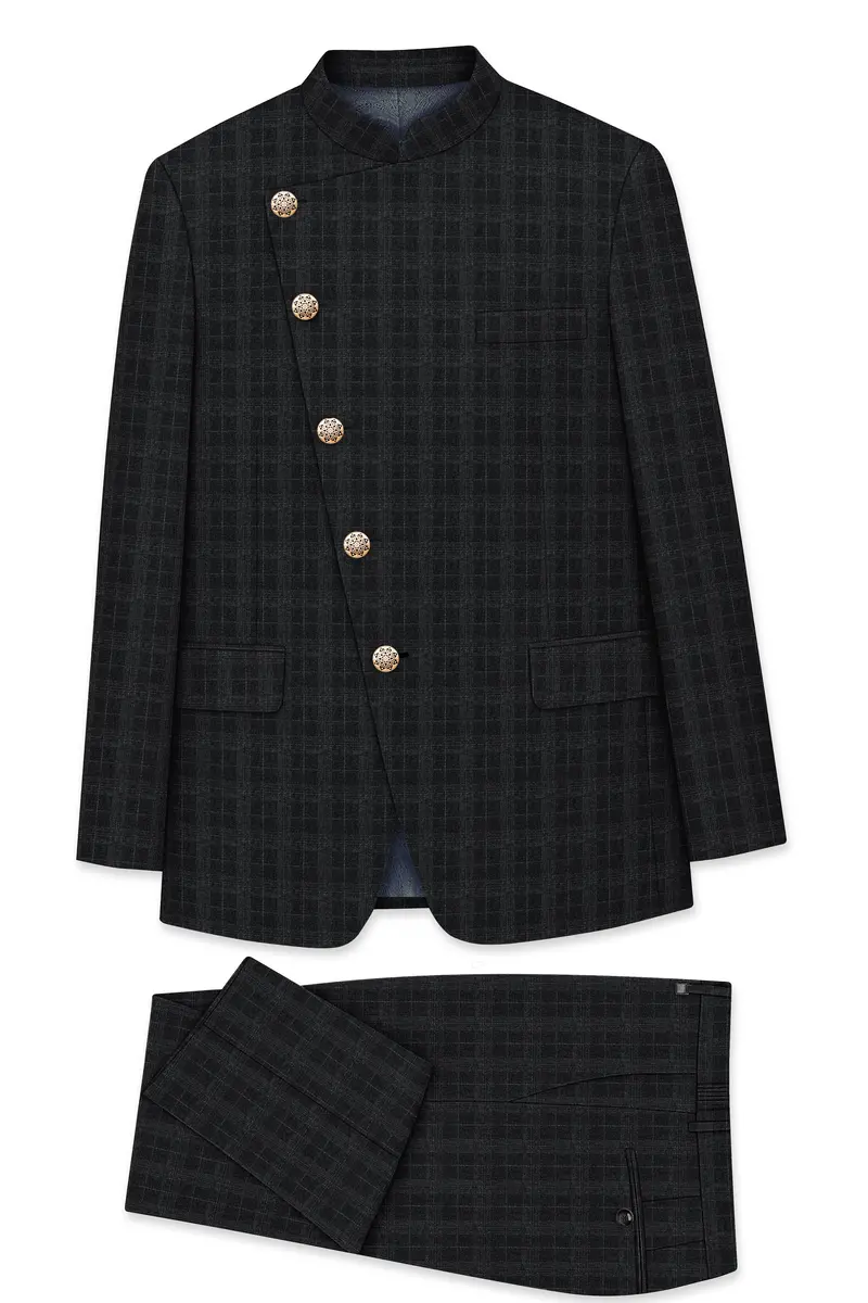 Charcoal Gray Plaid Cross Placket Bandhgala Suit 10