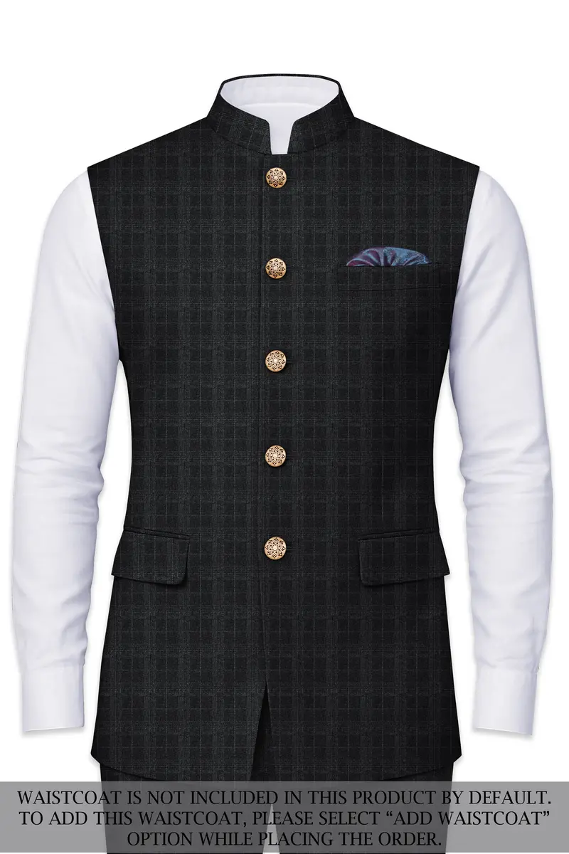 Charcoal Gray Plaid Cross Placket Bandhgala Suit 15