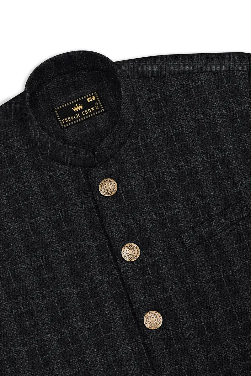 Charcoal Gray Plaid Cross Placket Bandhgala Suit 17