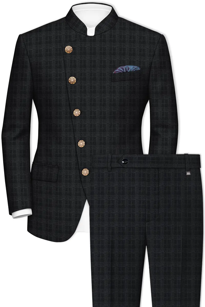 Charcoal Gray Plaid Cross Placket Bandhgala Suit 2