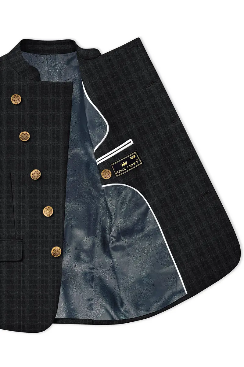 Charcoal Gray Plaid Cross Placket Bandhgala Suit 5