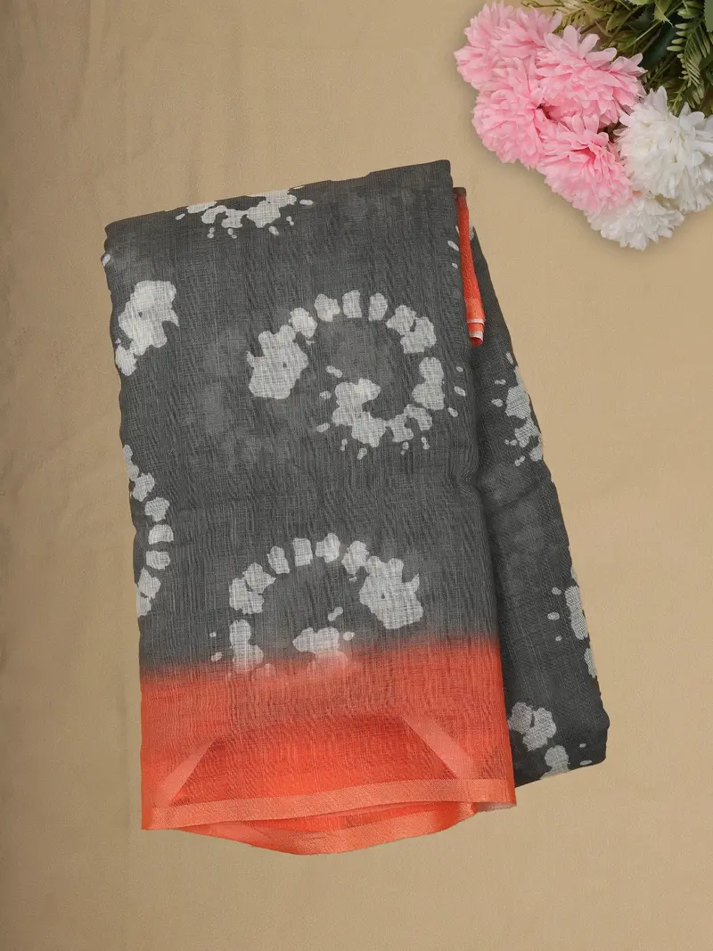 Charcoal Grey Abstract Printed Design Linen Cotton Saree 1