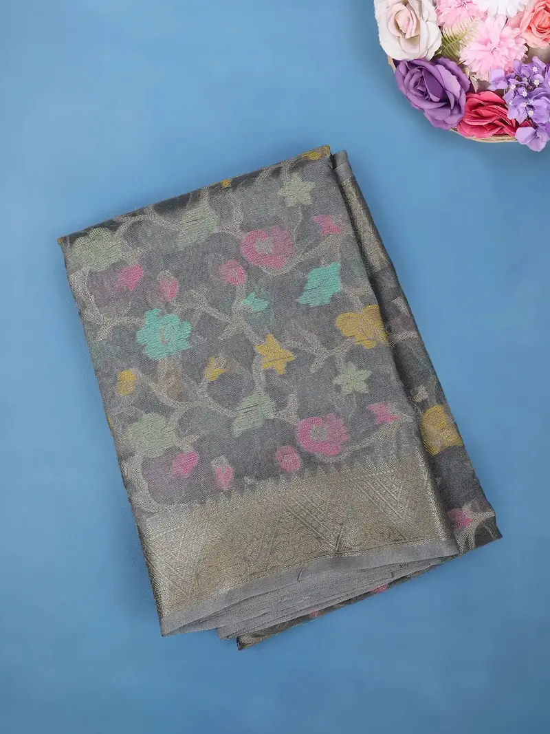 Charcoal Grey Floral Design Woven Tissue Silk Saree 1