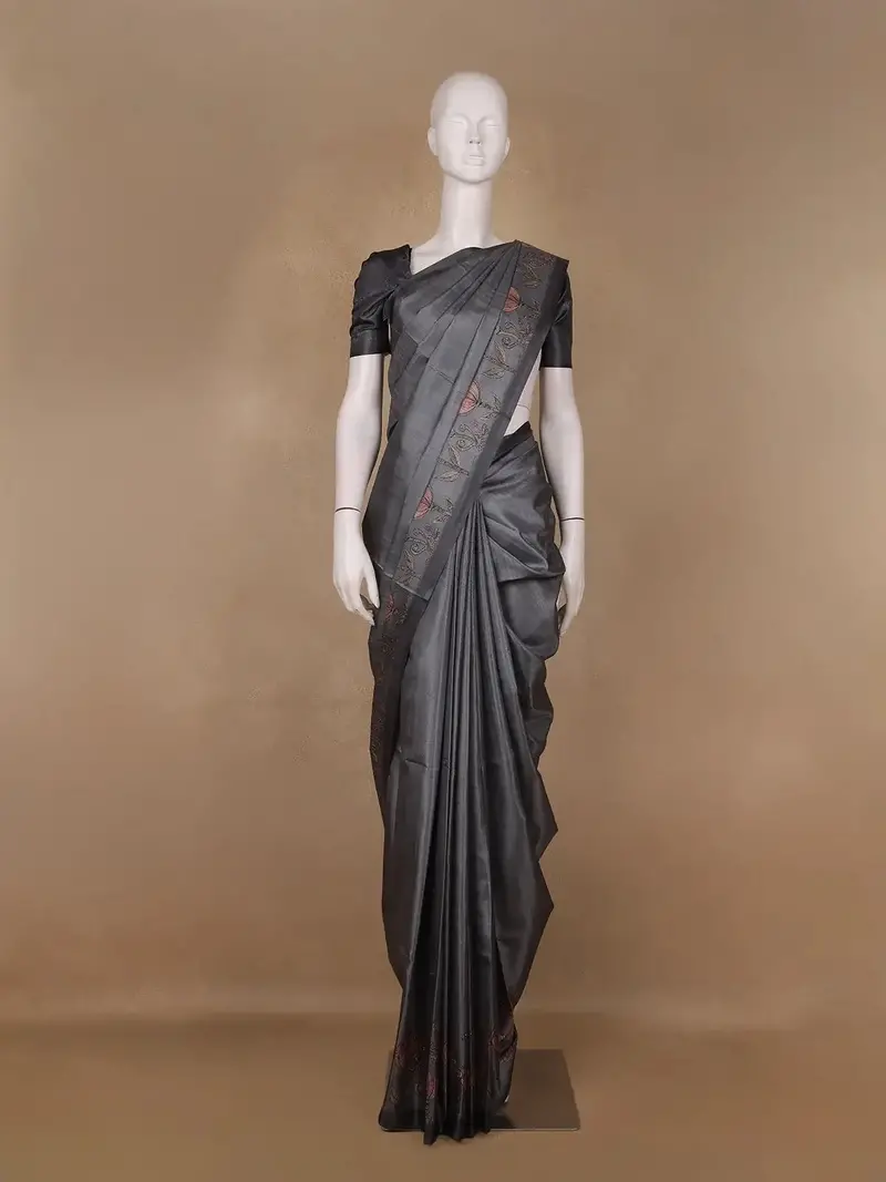Charcoal Grey Floral Designed Semi Tussar Saree 1