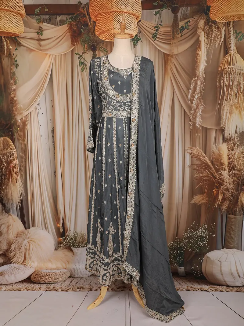 Charcoal Grey Floral Embroidered Chiffon Anarkali Salwar Suit With Dupatta 1
