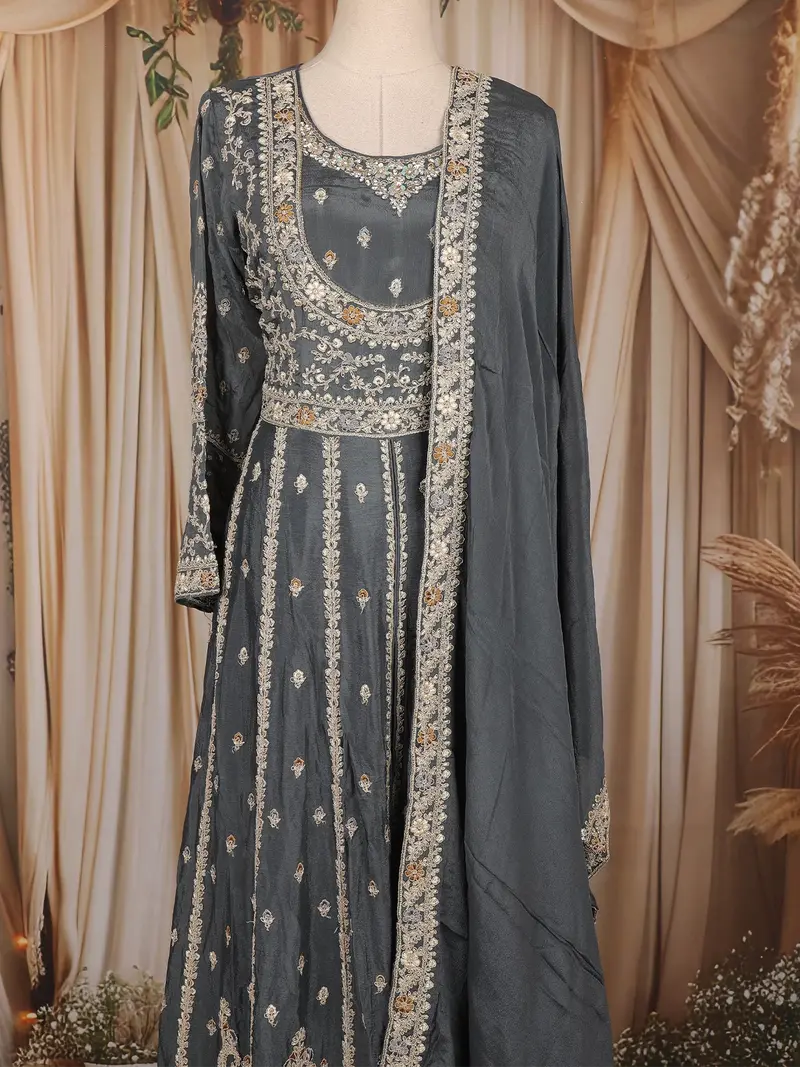 Charcoal Grey Floral Embroidered Chiffon Anarkali Salwar Suit With Dupatta 2