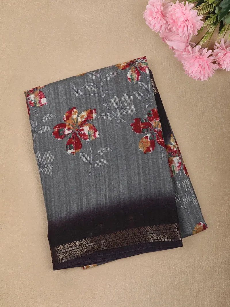 Charcoal Grey Floral Printed Design Linen Cotton Casual Wear Saree With Contrast Zari Border 1