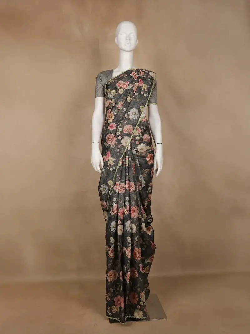 Charcoal Grey Floral Printed Tussar Silk Saree 1