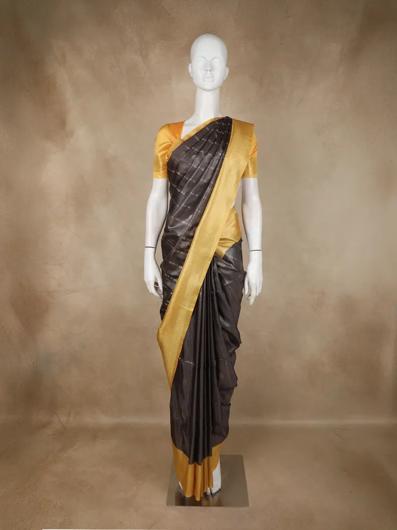 Charcoal Grey Gold Zari Striped Design Semi Tussar Saree With Contrast Border 1