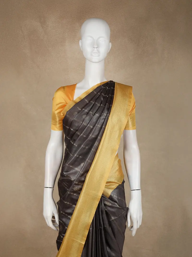 Charcoal Grey Gold Zari Striped Design Semi Tussar Saree With Contrast Border 2
