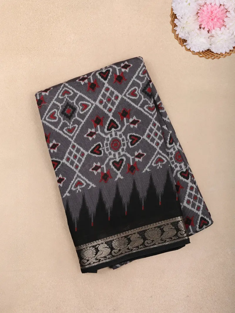 Charcoal Grey Ikat Printed Chanderi Cotton Saree With Black Zari Border 1