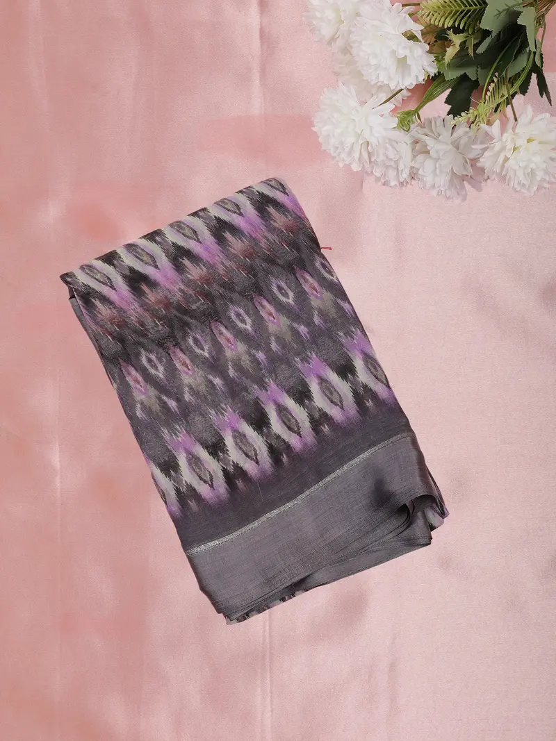 Charcoal Grey Ikat Printed Design Mixed Cotton Saree 1