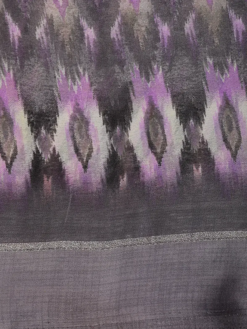 Charcoal Grey Ikat Printed Design Mixed Cotton Saree 2