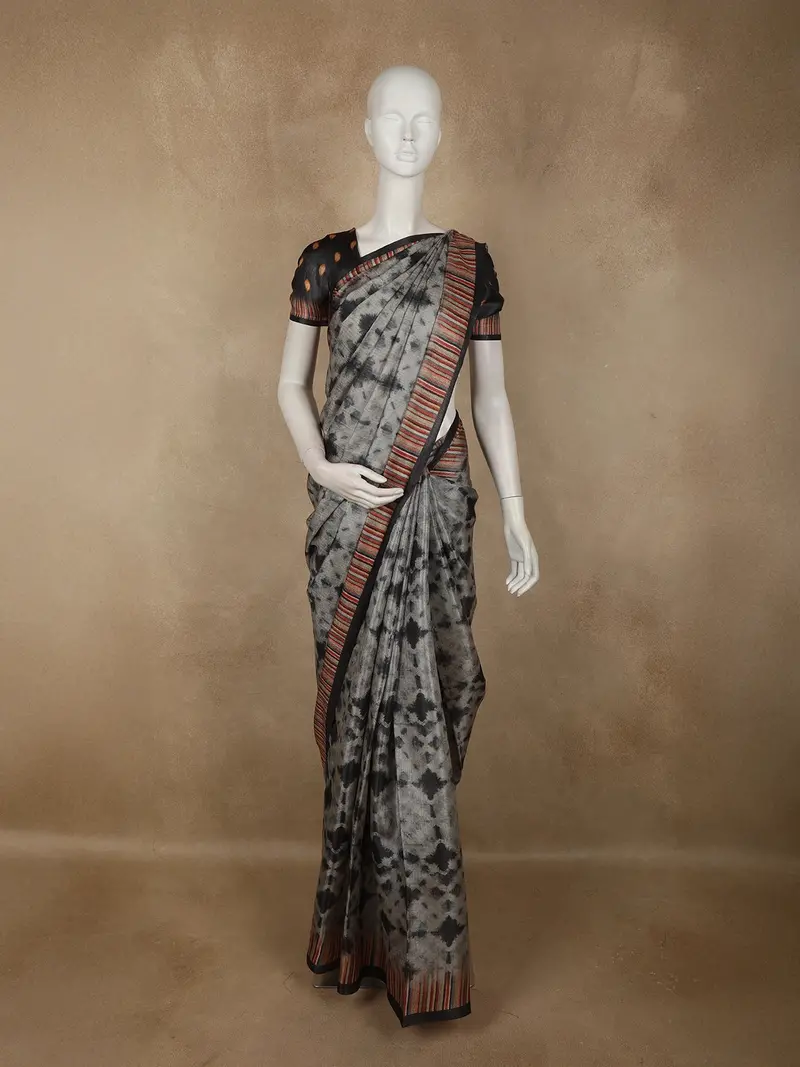 Charcoal Grey Ikat Printed Design Semi Tussar Saree With Striped Border 1