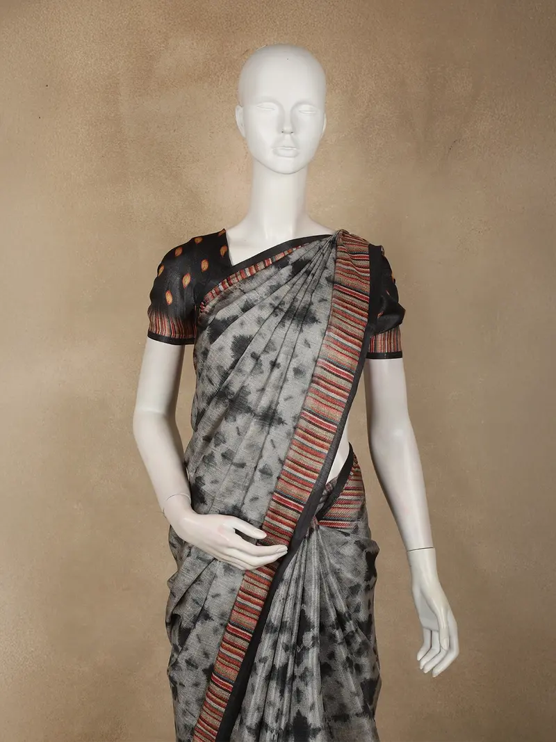 Charcoal Grey Ikat Printed Design Semi Tussar Saree With Striped Border 2