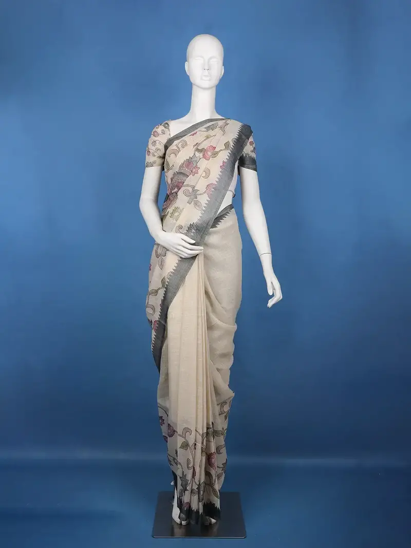 Charcoal Grey Kalamkari Inspired Floral Printed Cotton Saree 1