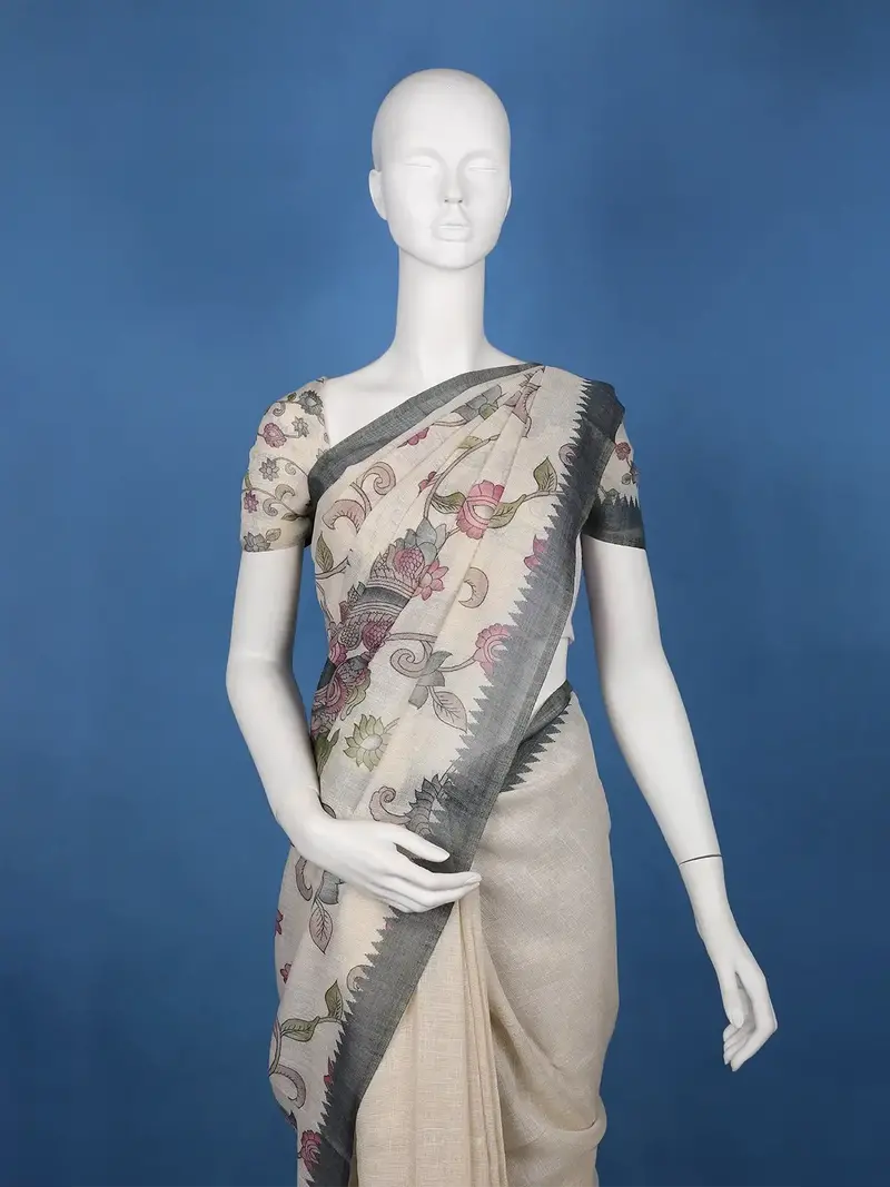 Charcoal Grey Kalamkari Inspired Floral Printed Cotton Saree 2