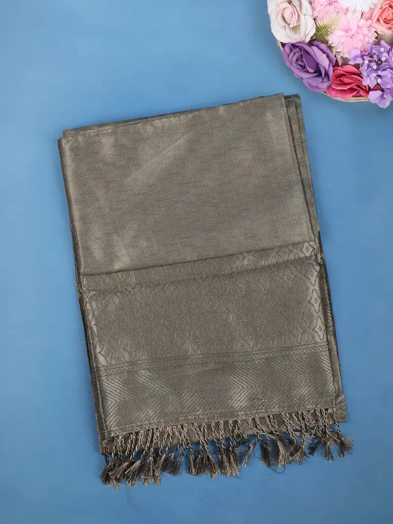 Charcoal Grey Minimal Design Woven Tissue Silk Saree 1