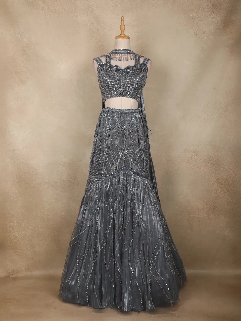 Charcoal Grey Sequins Embroidered Mermaid Net Lehenga With Choker Dupatta 1