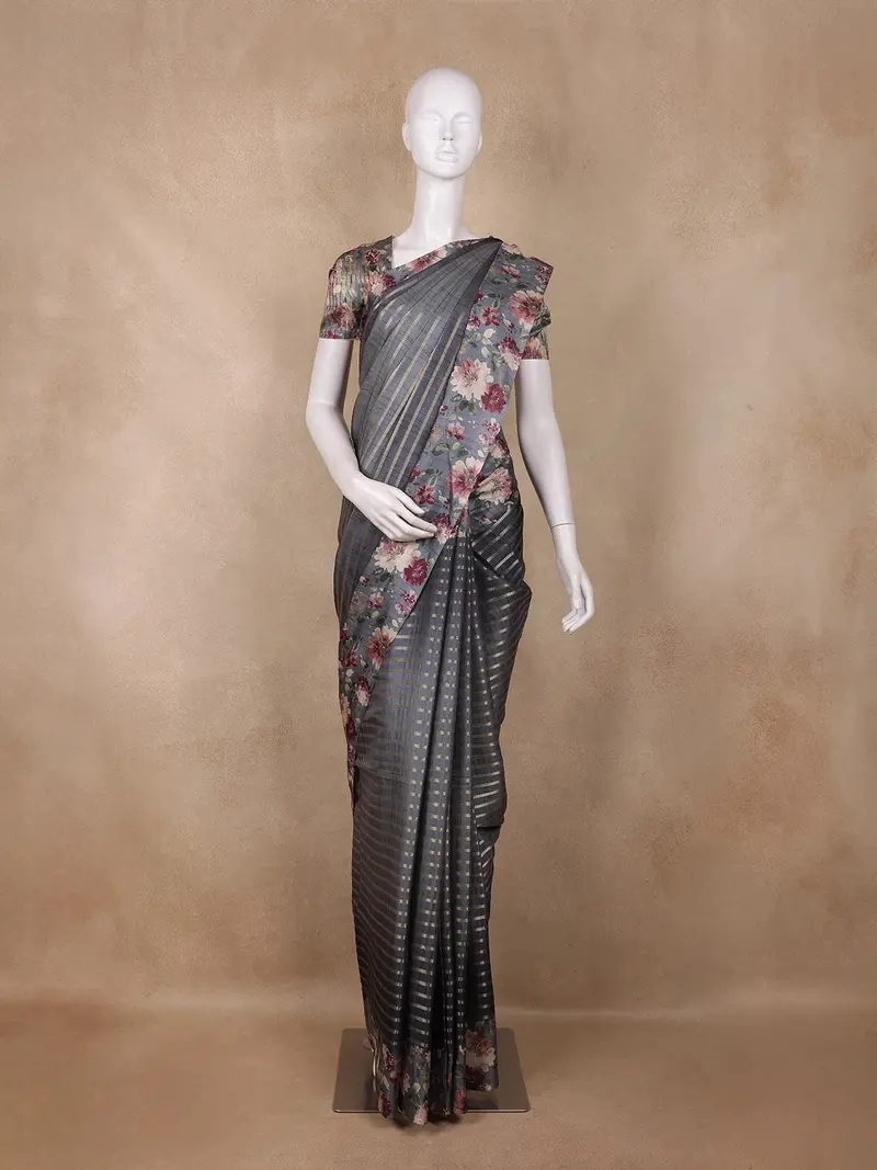 Charcoal Grey Striped Design Semi Tussar Silk  Saree 1