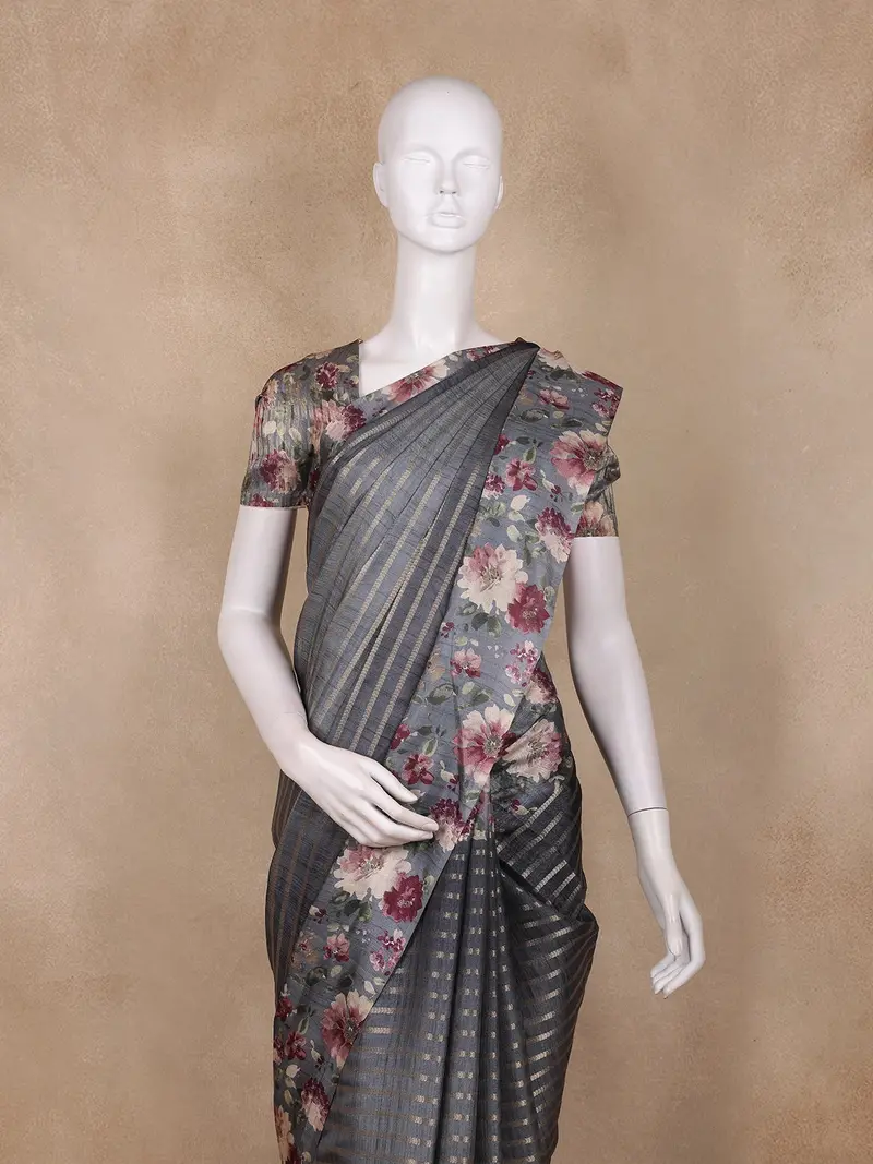 Charcoal Grey Striped Design Semi Tussar Silk Saree 2