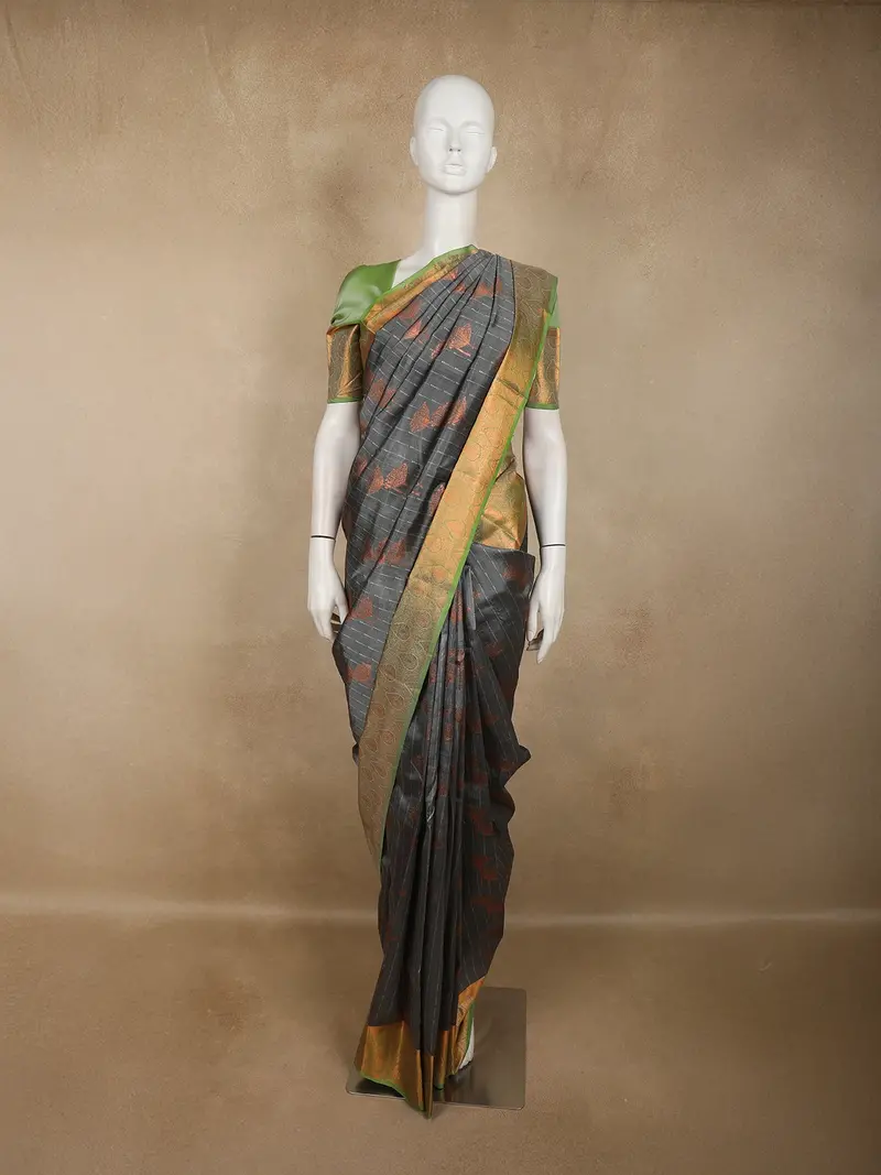 Charcoal Grey Stripes Zari Woven Design Pure Kanchipuram Silk Saree With Contrast Zari Border 1