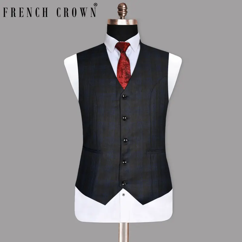 Charcoal Plaid Wool Blend  Waistcoat 1