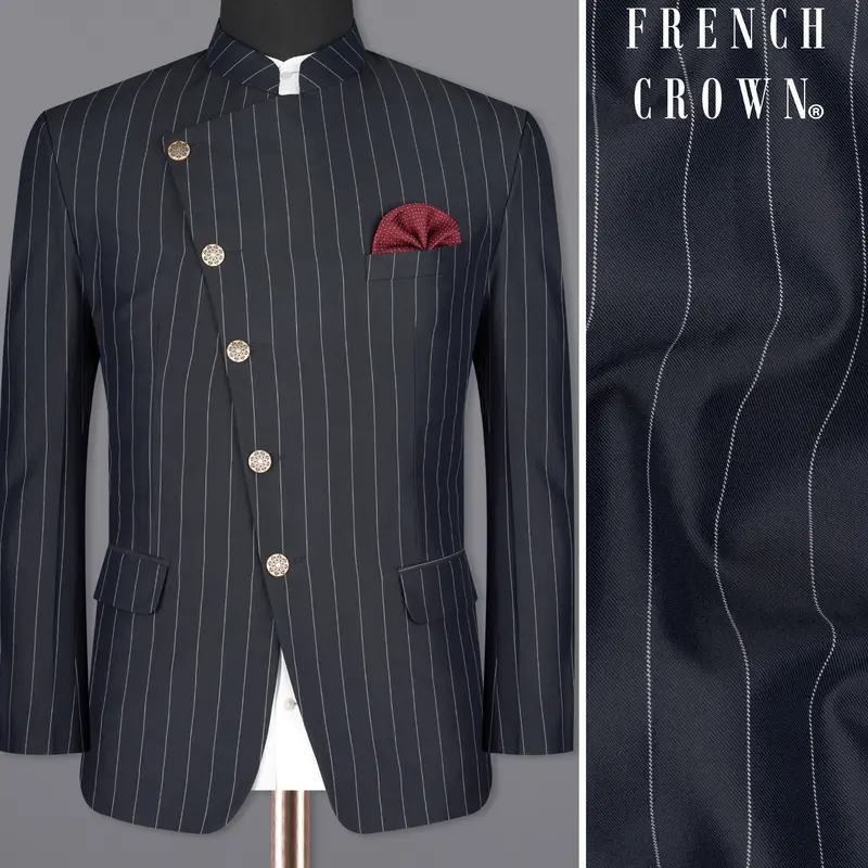 Charcoal Striped Cross Placket Wool Rich Bandhgala Blazer 1