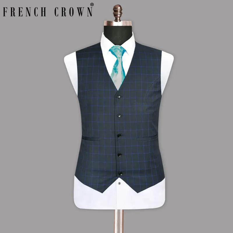 Charcoal With Blue Windowpane Wool Blend Waistcoat 1