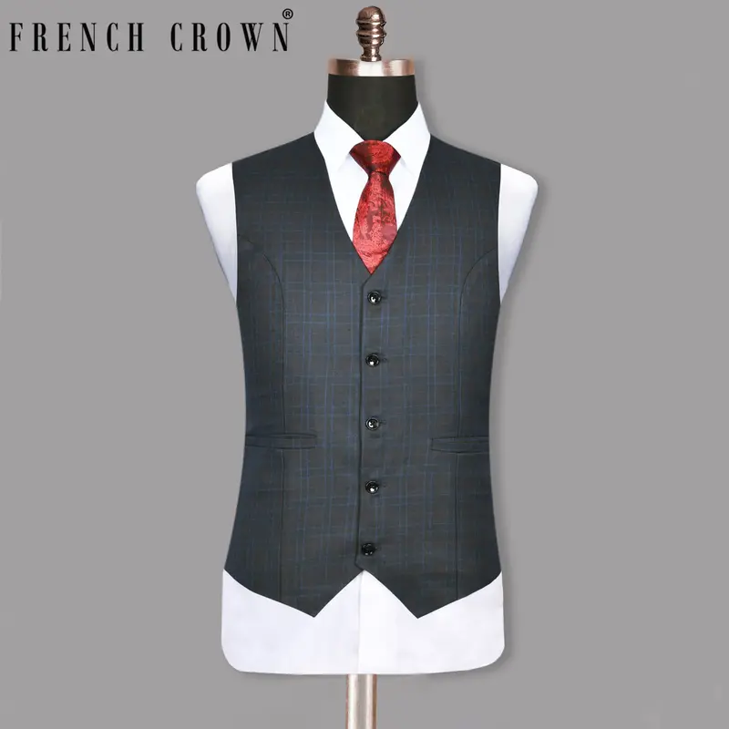 Charcoal With Red And Blue Windowpane Wool Blend Waistcoat 1