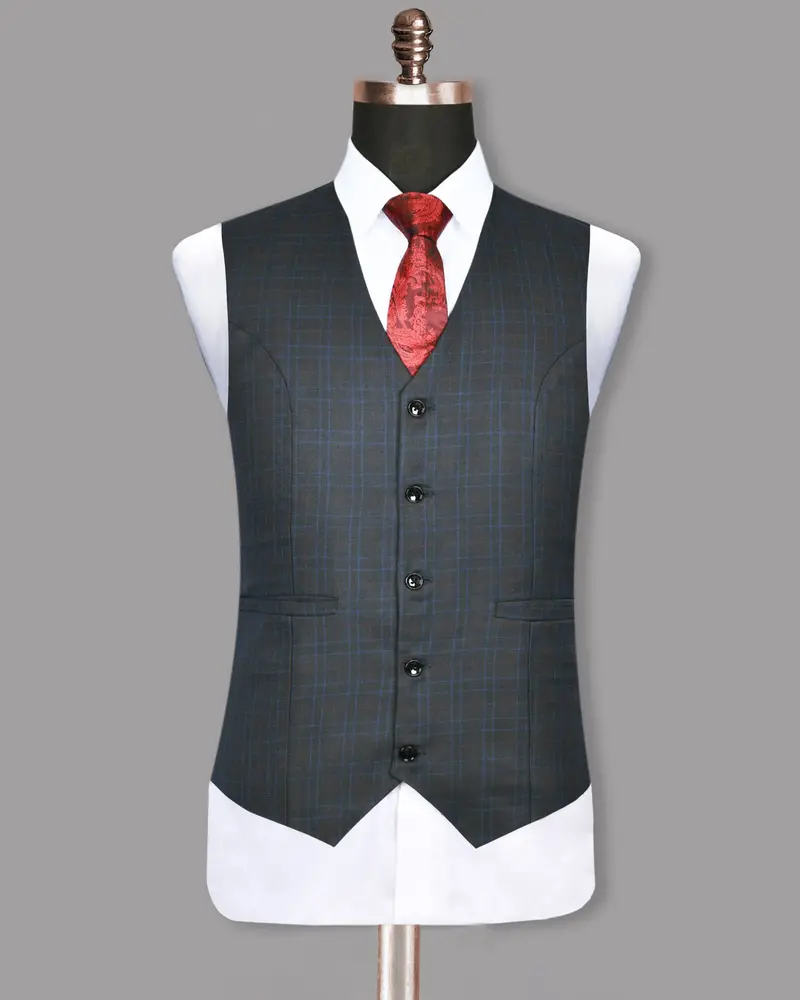 Charcoal With Red And Blue Windowpane Wool Blend Waistcoat 2
