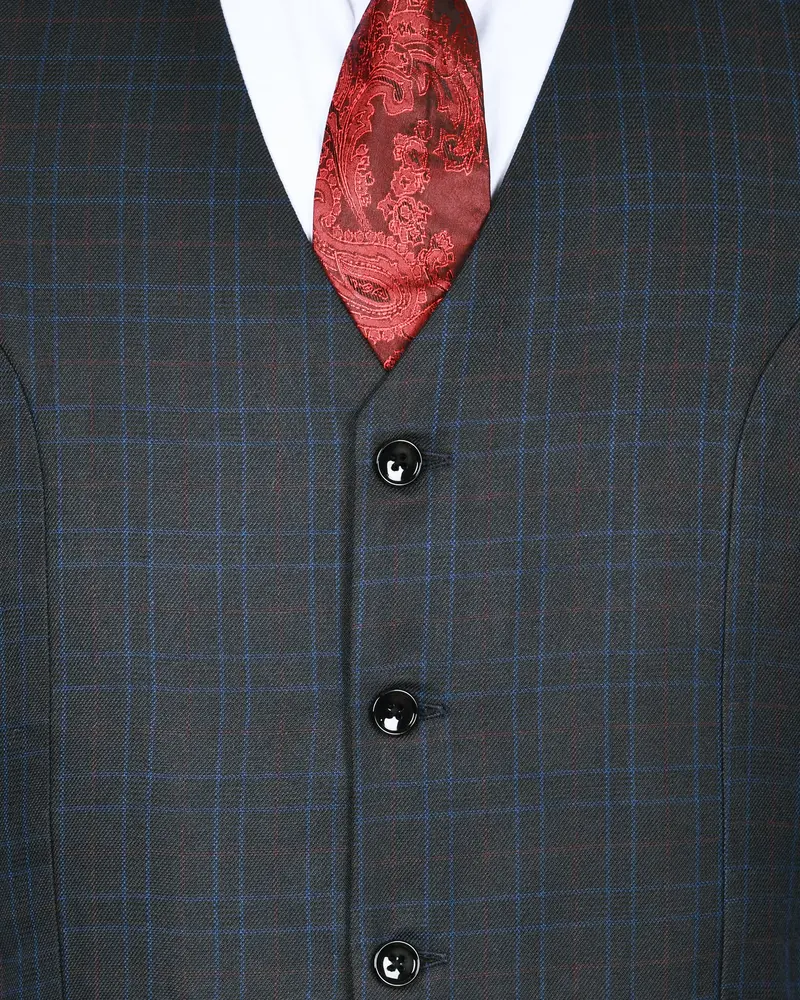 Charcoal With Red And Blue Windowpane Wool Blend Waistcoat 4