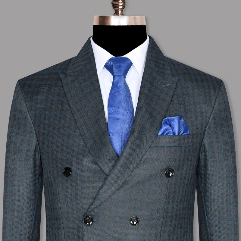 Charcoal With Sapphire Blue Checked Wool Blend Double Breasted Blazer 1