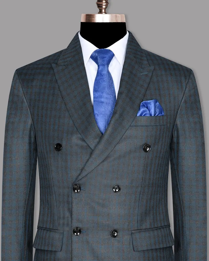 Charcoal With Sapphire Blue Checked Wool Blend Double Breasted Blazer 2