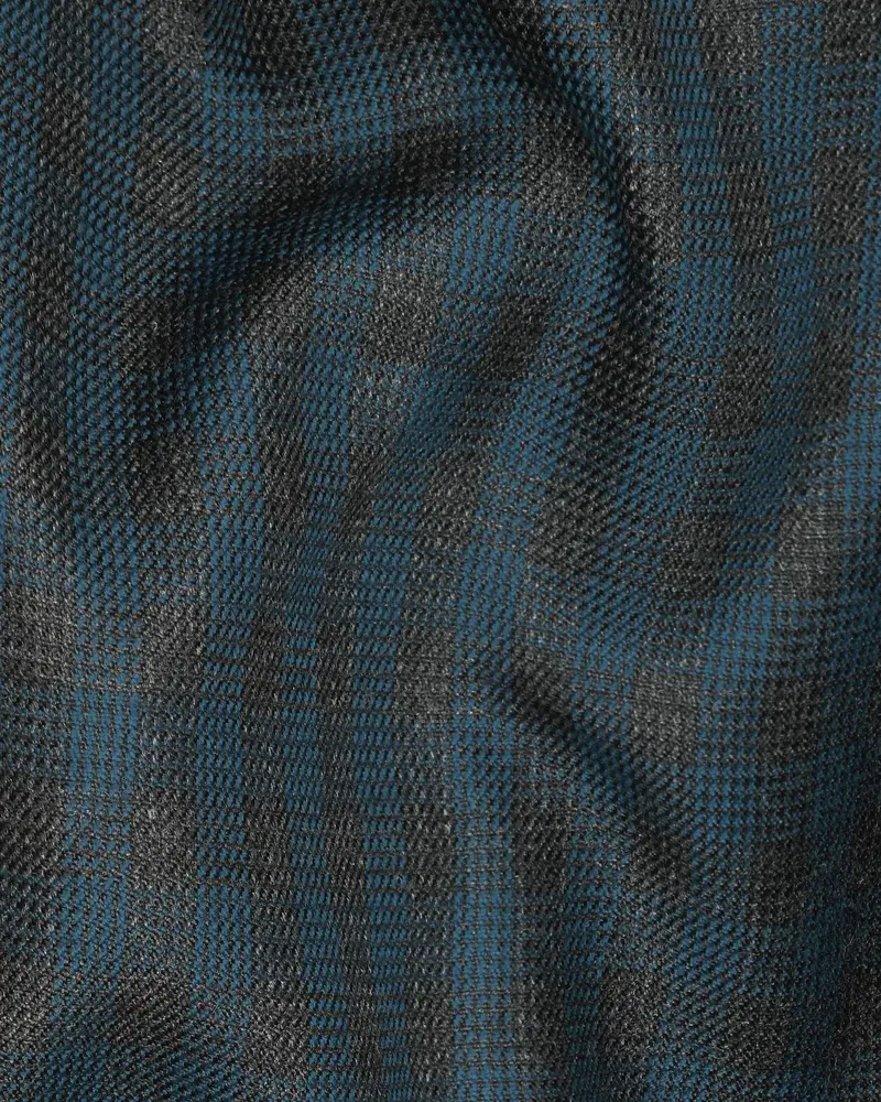 Charcoal With Sapphire Blue Checked Wool Blend Double Breasted Blazer 3