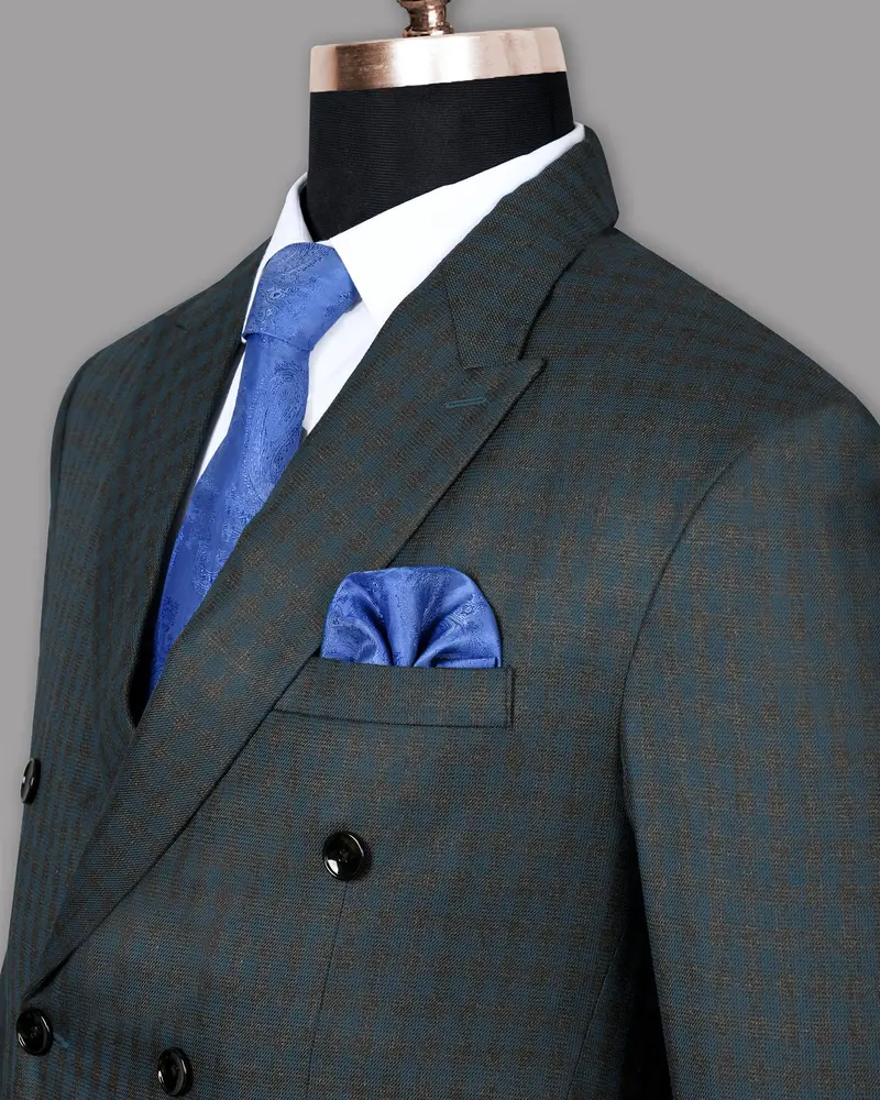 Charcoal With Sapphire Blue Checked Wool Blend Double Breasted Blazer 4